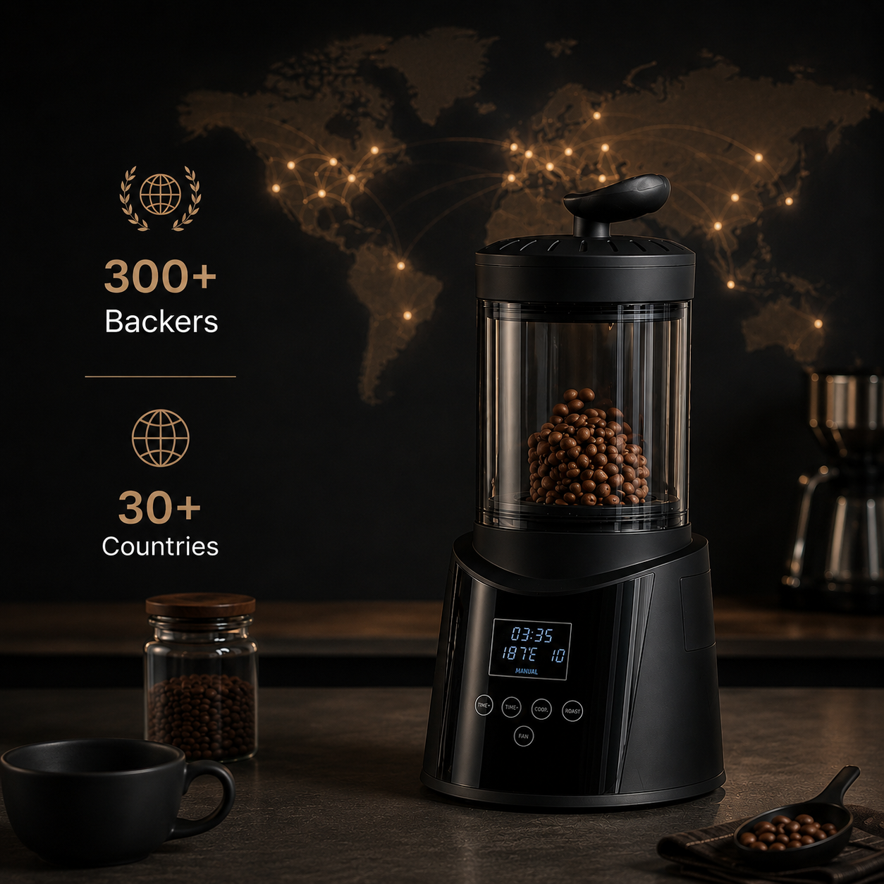 <p>This original product achieved remarkable success on a U.S. crowdfunding platform. Even before mass production, the Mago Maga Smart Home Coffee Bean Roaster (Roma Pro V1.0) attracted paid support from over 300 professional coffee roasters and coffee enthusiasts. These backers came from more than 30 countries and regions across <strong>North America</strong> (United States, Canada), <strong>Europe</strong> (United Kingdom, Germany, etc.), the Middle East (United Arab Emirates), and <strong>Asia</strong> (Japan, South Korea, Taiwan, Indonesia), among others.</p>