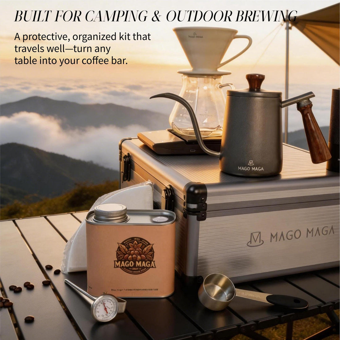 Rugged aluminum coffee travel case with custom EVA foam. Ultimate drop protection for portable specialty coffee brewing.